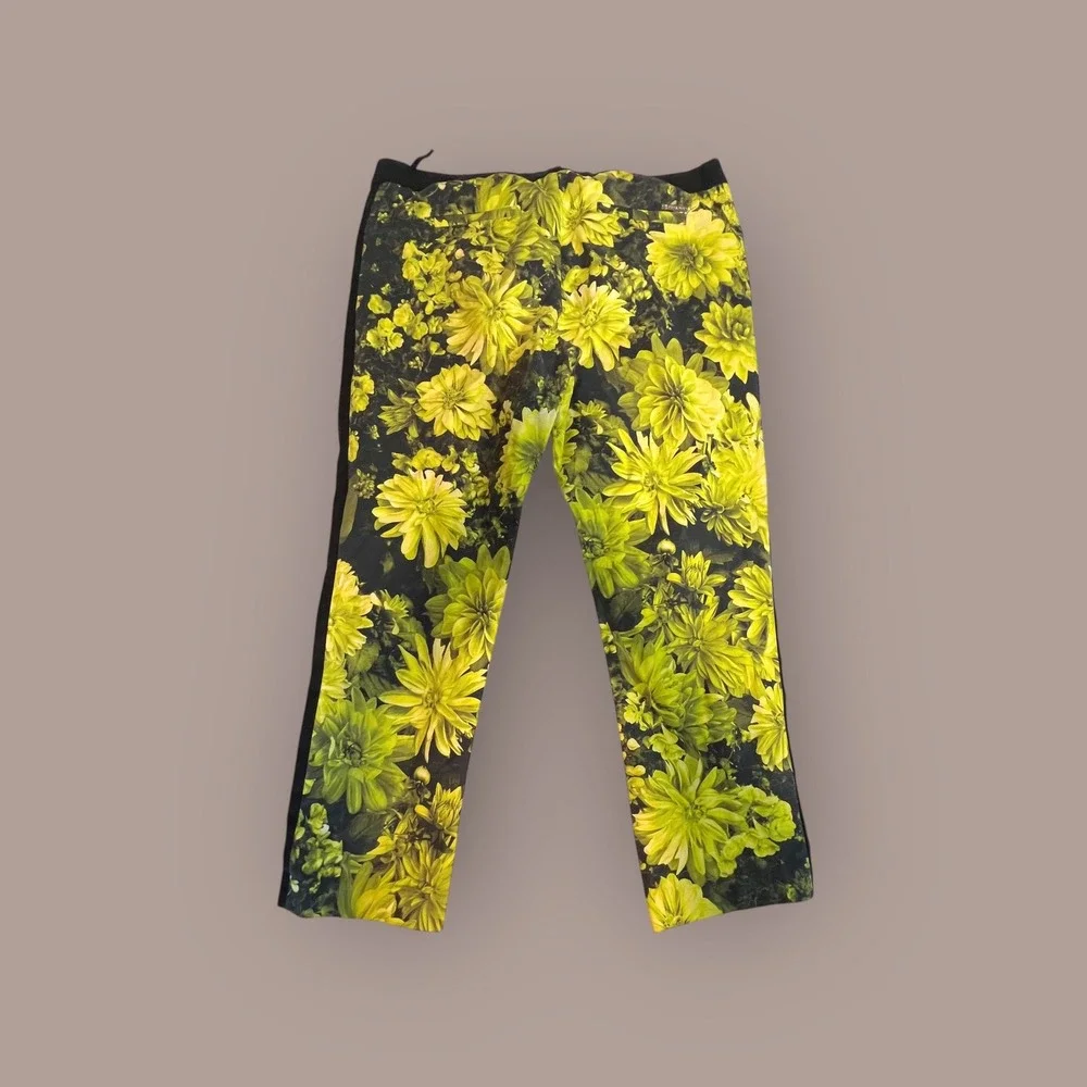 Michael Kors Pants 14 Black Floral Womens Black Yellow Green Print Tuxedo Stripe